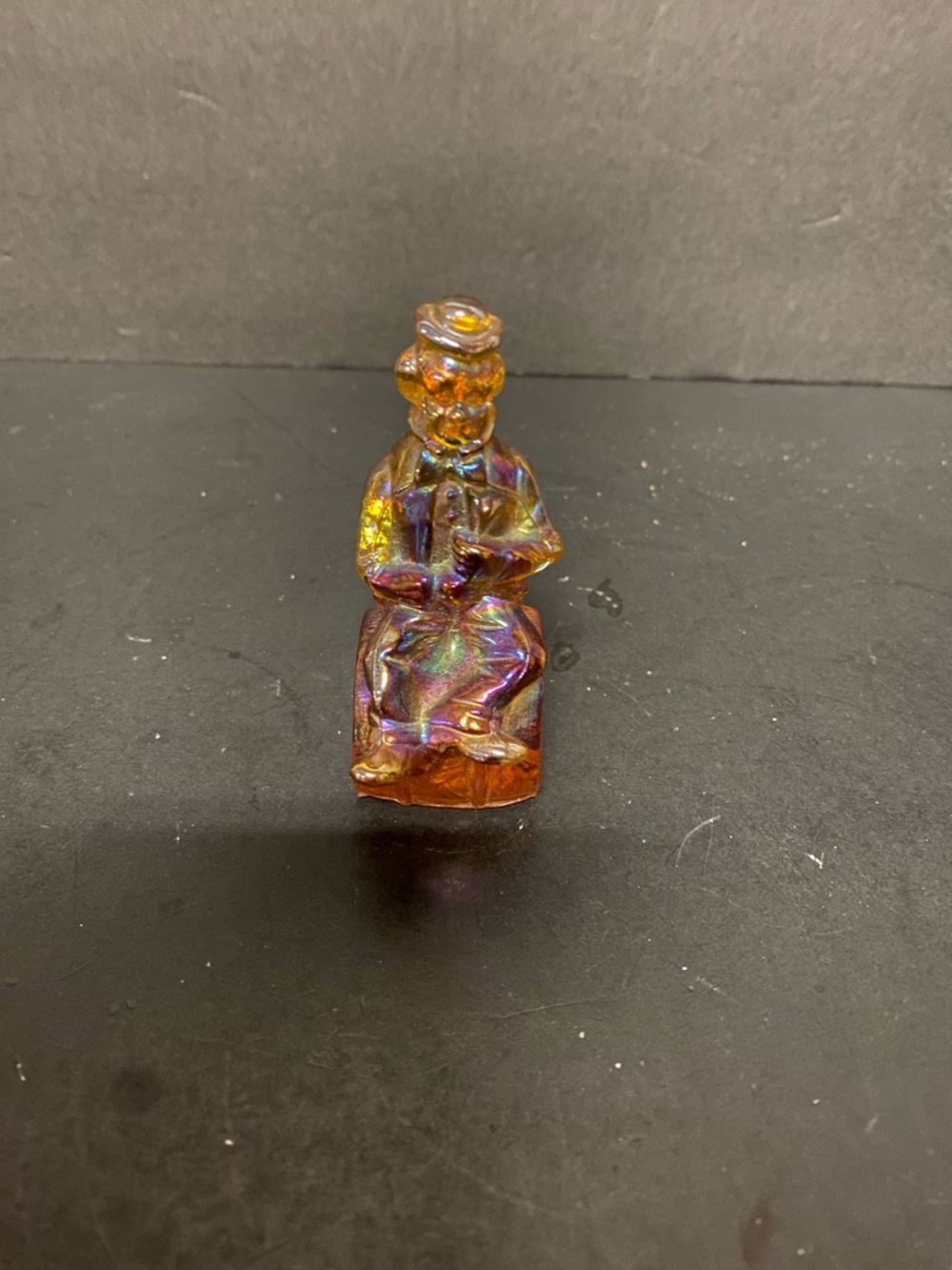 Iridescent Amber Mosser Glass Clown  Sitting On A Barrel Figurine
